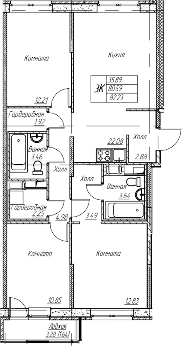 3-комнатная квартира 82.23 м², 16/22 эт., ЖК «Парк-квартал Юнтолово»
